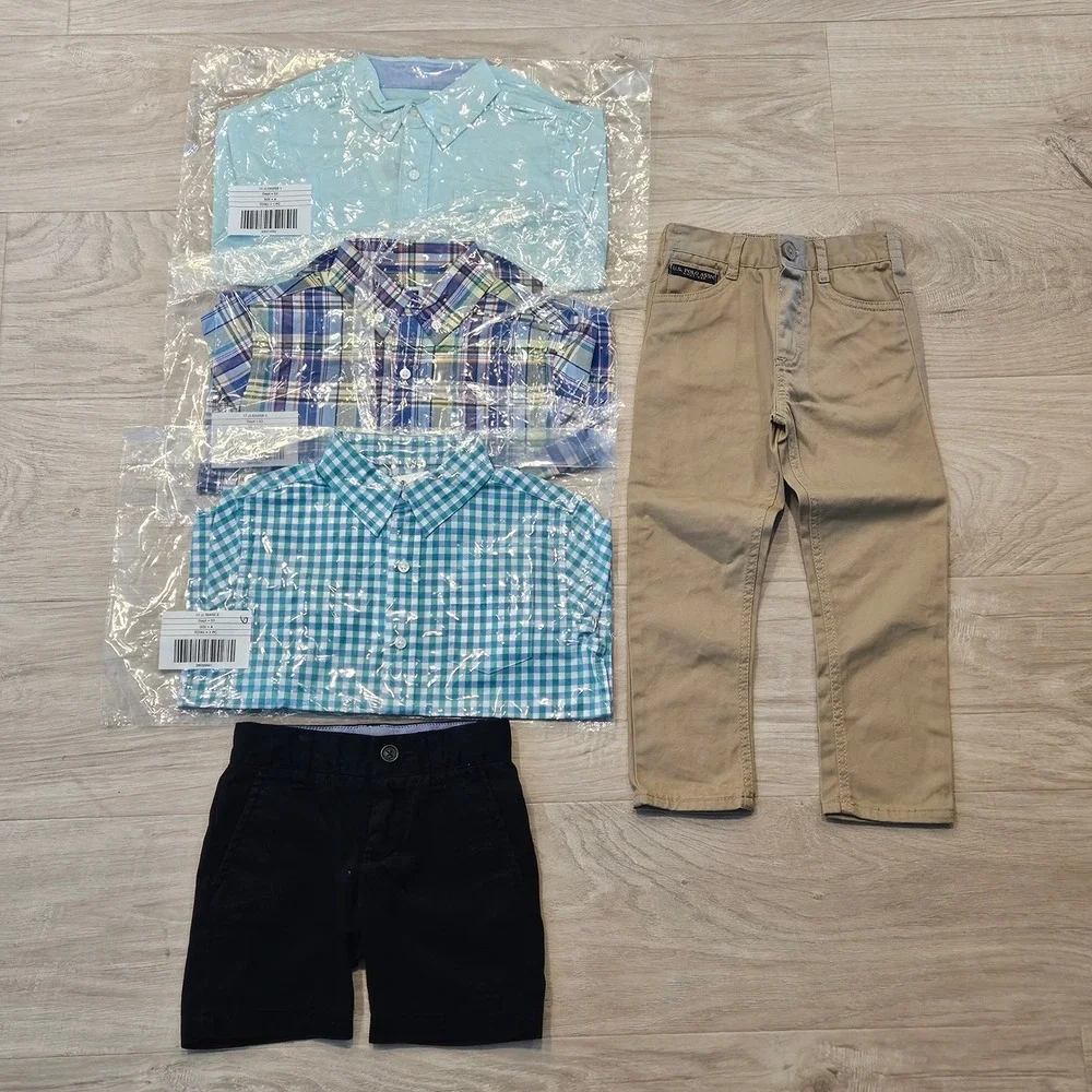 Spring Outfits Boys Size 4 Lot of 5 Button Down Shirts Plaid NEW Pants‎ Shorts